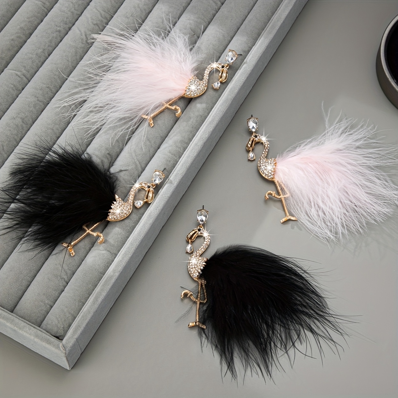 Flamingo Feather Earrings with Rhinestones